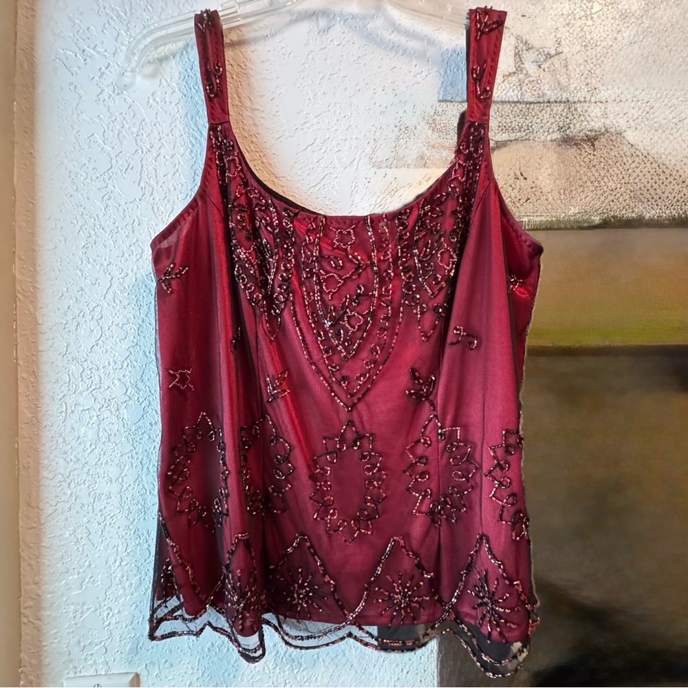 Elegant Burgundy Sheer Beaded Tank Top with Liner